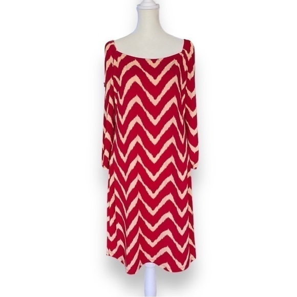 INC International Concepts Red Zigzag Chevron Stripe 3/4 Sleeve Dress | Size M - Picture 1 of 10